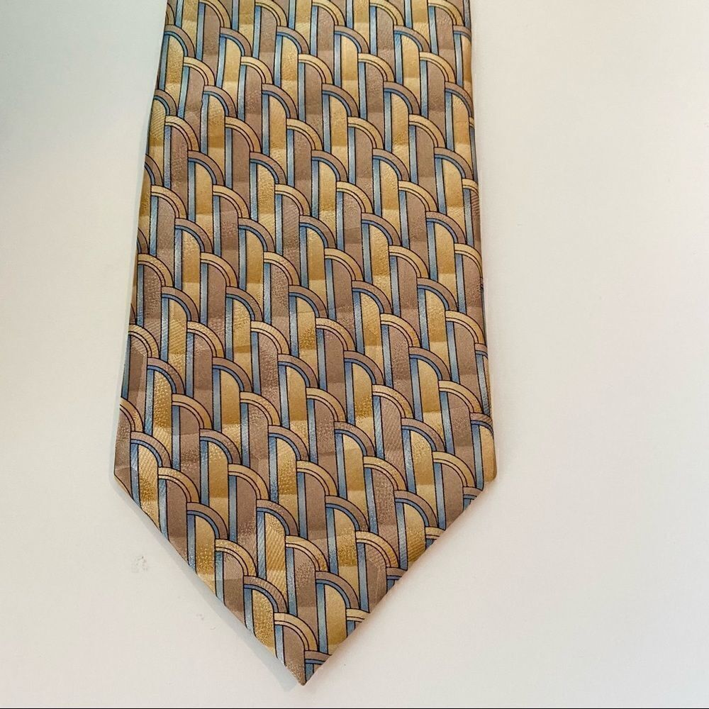 Vintage Pierre Cardin Silk Art Deco Tie Gold and Light Blue Arches Waterfall